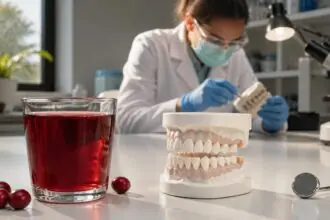 Ποτήρι με χυμό κράνμπερι δίπλα σε οδοντικό μοντέλο σε συμβολική εικόνα έρευνας για την υγεία των δοντιών