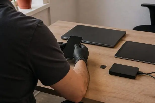 Eine Person untersucht digitale Geräte an einem Schreibtisch.