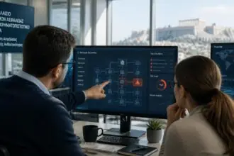Symbolische Darstellung von IT-Sicherheitsfachleuten bei der Analyse eines simulierten Cyberangriffs im Finanzsektor