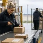 Εργαζόμενος διαχειρίζεται δέματα σε κέντρο διανομής στην Ολλανδία