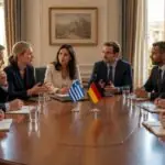 Symbolbild einer deutsch-griechischen Gesprächsrunde an einem Konferenztisch
