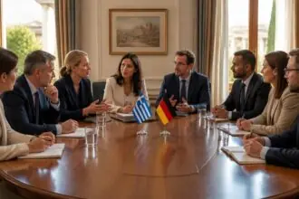 Symbolbild einer deutsch-griechischen Gesprächsrunde an einem Konferenztisch