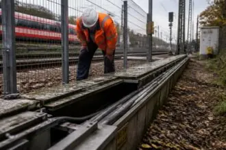 Ανοιχτό κανάλι καλωδίων σε γερμανική σιδηροδρομική εγκατάσταση, με εργαζόμενο που εξετάζει το σημείο δίπλα σε περίφραξη.
