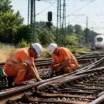 Εργαζόμενοι επιθεωρούν σιδηροδρομικές αλλαγές τροχιάς στη Γερμανία με τρένο στο βάθος