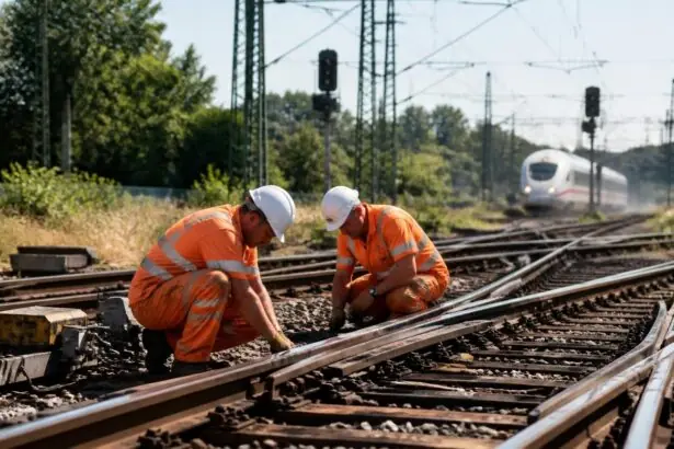 Εργαζόμενοι επιθεωρούν σιδηροδρομικές αλλαγές τροχιάς στη Γερμανία με τρένο στο βάθος