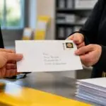 Παράδοση λευκού γράμματος σε γκισέ ταχυδρομείου της Deutsche Post με κίτρινες λεπτομέρειες