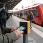 Επιβάτης με κινητό τηλέφωνο σε αποβάθρα περιφερειακού τρένου στη Γερμανία, συμβολική απεικόνιση ψηφιακού εισιτηρίου