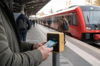 Επιβάτης με κινητό τηλέφωνο σε αποβάθρα περιφερειακού τρένου στη Γερμανία, συμβολική απεικόνιση ψηφιακού εισιτηρίου