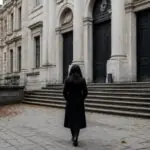 Συμβολική απεικόνιση εισόδου δικαστικού μεγάρου στο Μόναχο με γυναίκα από πίσω