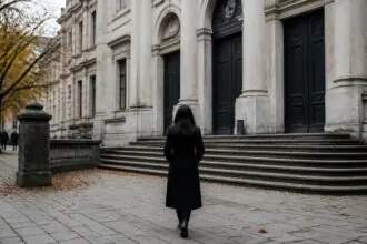 Συμβολική απεικόνιση εισόδου δικαστικού μεγάρου στο Μόναχο με γυναίκα από πίσω