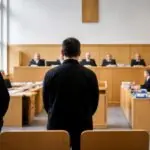 Συμβολική απεικόνιση κατηγορουμένου από πίσω μέσα σε γερμανική δικαστική αίθουσα στο Ντίσελντορφ.