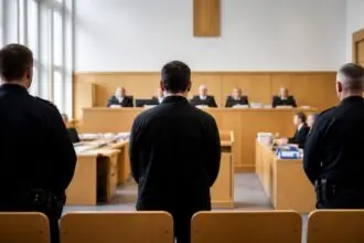 Συμβολική απεικόνιση κατηγορουμένου από πίσω μέσα σε γερμανική δικαστική αίθουσα στο Ντίσελντορφ.