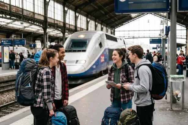 Μια παρέα 18χρονων με σακίδια πλάτης περιμένει το τρένο στον σταθμό έχοντας δωρεάν εισιτήρια τρένου