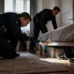 Αστυνομικοί με φακό ελέγχουν τον χώρο κάτω από κρεβάτι σε συμβολική απεικόνιση περιστατικού στη Δρέσδη