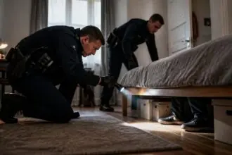 Αστυνομικοί με φακό ελέγχουν τον χώρο κάτω από κρεβάτι σε συμβολική απεικόνιση περιστατικού στη Δρέσδη