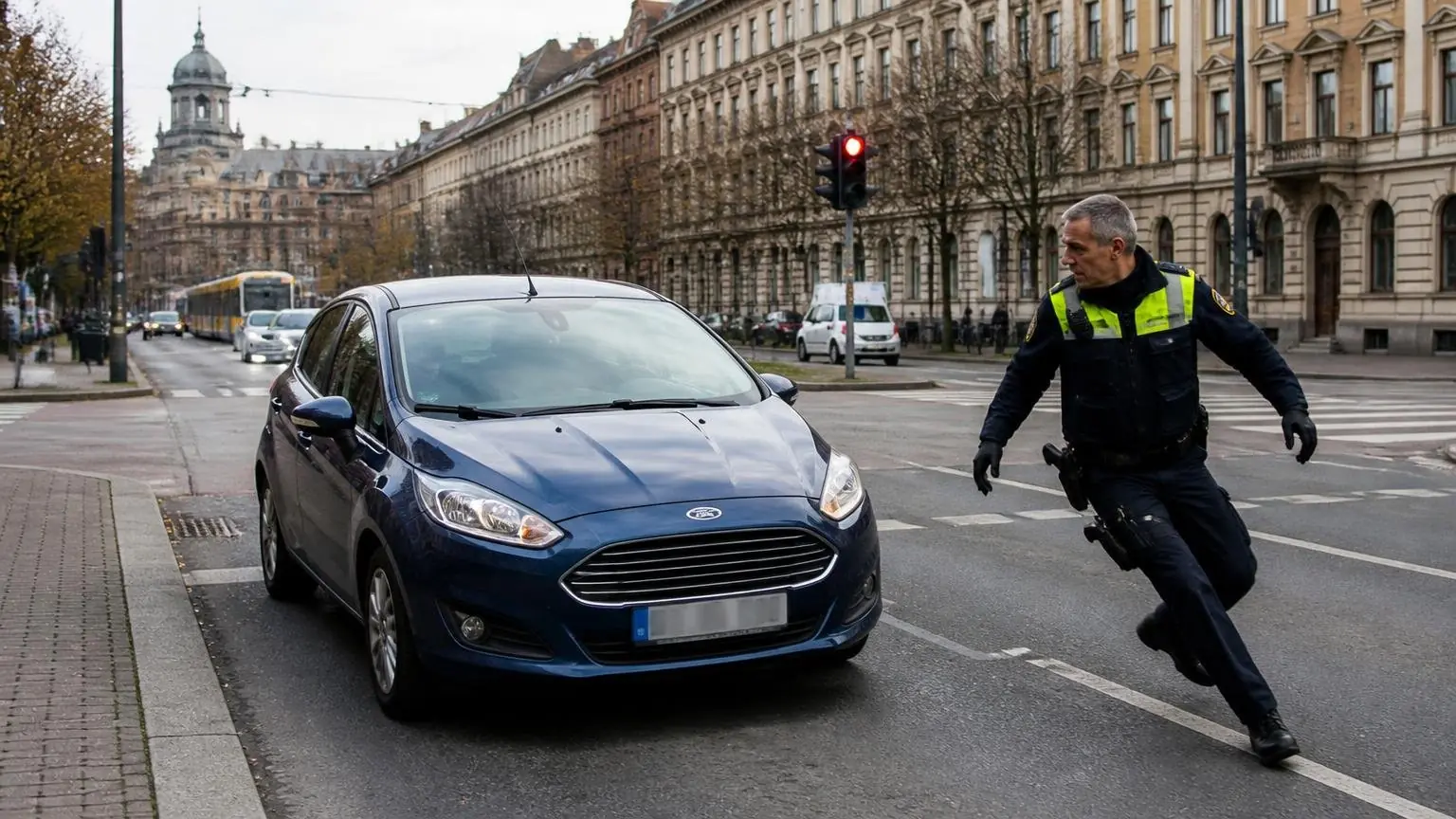 Συμβολική απεικόνιση αυτοκινήτου Ford κοντά σε αστυνομικό της Τροχαίας σε διασταύρωση στη Δρέσδη