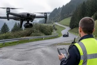 Drone με κάμερα αιωρείται κοντά σε ορεινό δρόμο της Ελβετίας, ενώ χειριστής κρατά τηλεχειριστήριο.
