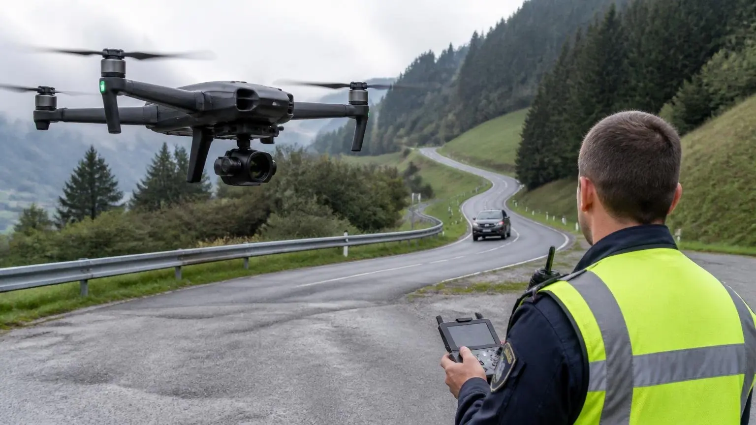 Drone με κάμερα αιωρείται κοντά σε ορεινό δρόμο της Ελβετίας, ενώ χειριστής κρατά τηλεχειριστήριο.