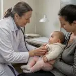 Συμβολική σκηνή δωρεάν παιδιατρικής εξέτασης βρέφους σε ιατρείο του Ντούισμπουργκ με τη μητέρα του παρούσα