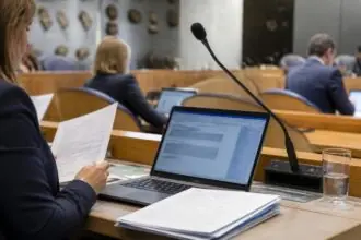 Συμβολική απεικόνιση προετοιμασίας κοινοβουλευτικής ομιλίας με φορητό υπολογιστή στην Ολλανδία