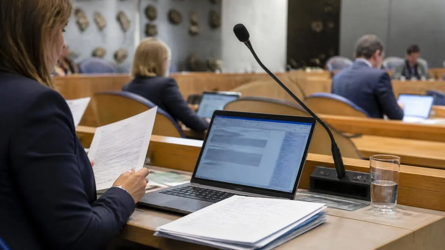 Συμβολική απεικόνιση προετοιμασίας κοινοβουλευτικής ομιλίας με φορητό υπολογιστή στην Ολλανδία