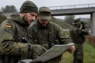 Έφεδροι της Bundeswehr με στρατιωτικές στολές συμμετέχουν σε υπαίθρια άσκηση εκπαίδευσης κοντά σε γέφυρα.