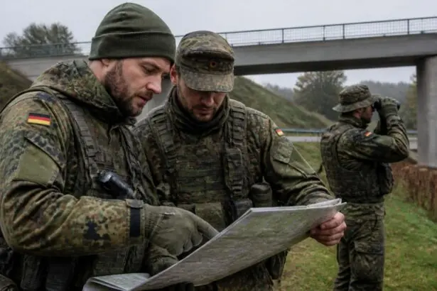 Έφεδροι της Bundeswehr με στρατιωτικές στολές συμμετέχουν σε υπαίθρια άσκηση εκπαίδευσης κοντά σε γέφυρα.