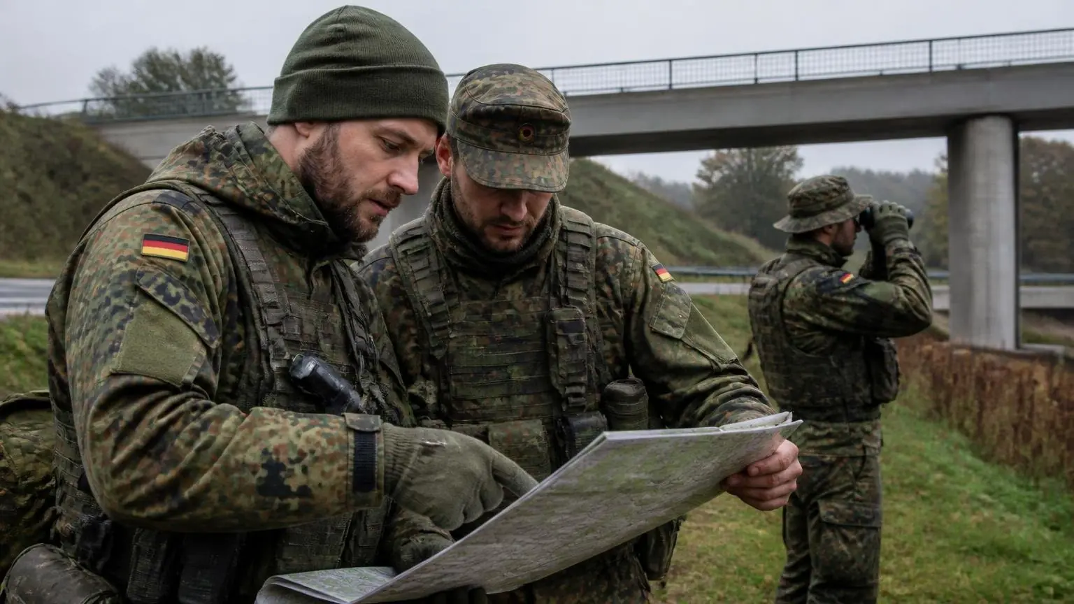 Έφεδροι της Bundeswehr με στρατιωτικές στολές συμμετέχουν σε υπαίθρια άσκηση εκπαίδευσης κοντά σε γέφυρα.