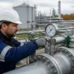 Τεχνικός ελέγχει εγκατάσταση αγωγών και αποθήκευσης φυσικού αερίου σε ευρωπαϊκή βιομηχανική μονάδα.
