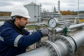 Τεχνικός ελέγχει εγκατάσταση αγωγών και αποθήκευσης φυσικού αερίου σε ευρωπαϊκή βιομηχανική μονάδα.