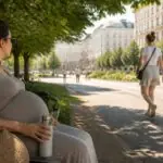 Έγκυος γυναίκα ξεκουράζεται στη σκιά και πίνει νερό σε ημέρα έντονης ζέστης