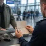 Συμβολική απεικόνιση αστυνομικού που εξετάζει ταξιδιωτικό έγγραφο σε γκισέ διαβατηριακού ελέγχου αεροδρομίου.