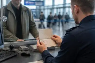 Συμβολική απεικόνιση αστυνομικού που εξετάζει ταξιδιωτικό έγγραφο σε γκισέ διαβατηριακού ελέγχου αεροδρομίου.