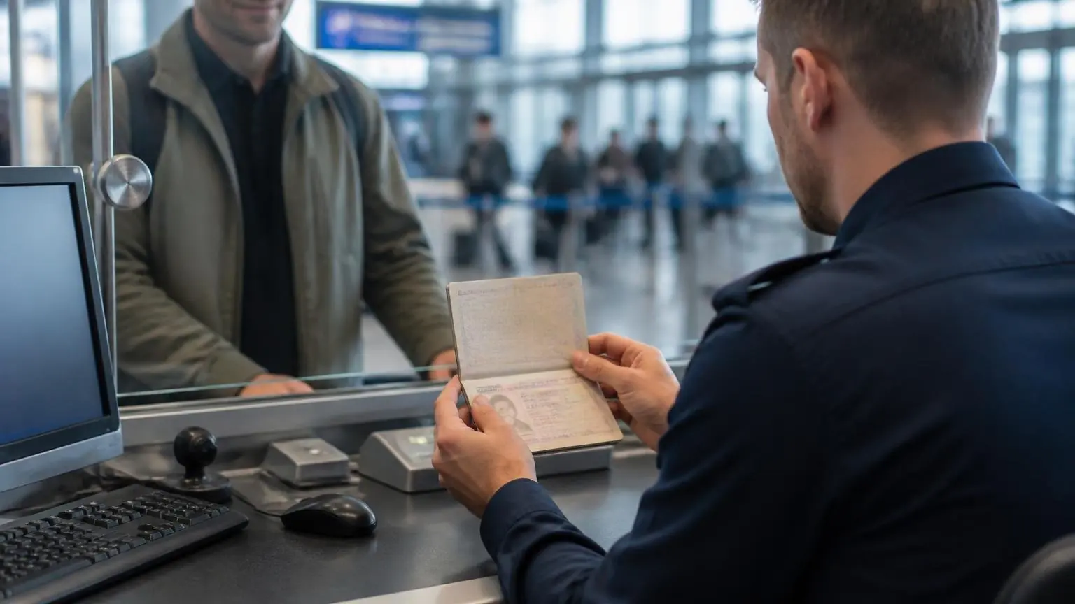 Συμβολική απεικόνιση αστυνομικού που εξετάζει ταξιδιωτικό έγγραφο σε γκισέ διαβατηριακού ελέγχου αεροδρομίου.