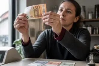 Υπάλληλος σε ταμείο γερμανικού καταστήματος ελέγχει χαρτονόμισμα των 50 ευρώ στο φως