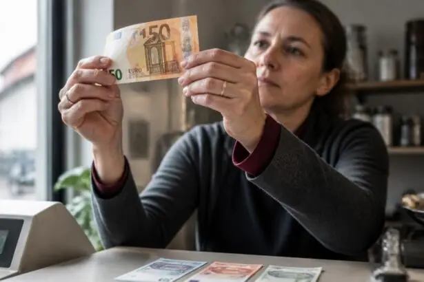 Υπάλληλος σε ταμείο γερμανικού καταστήματος ελέγχει χαρτονόμισμα των 50 ευρώ στο φως