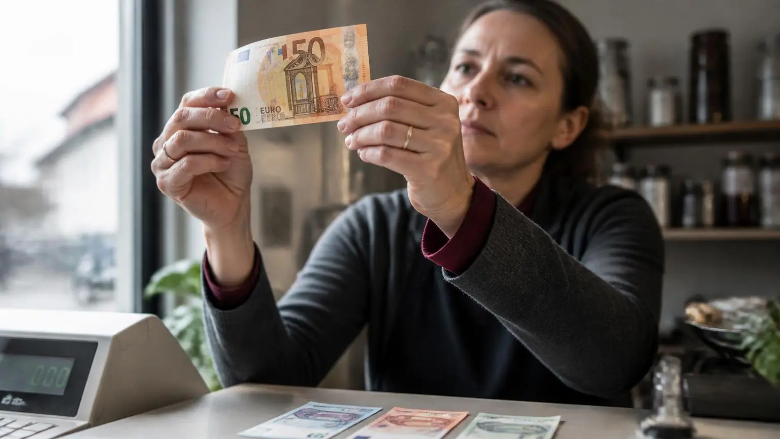 Υπάλληλος σε ταμείο γερμανικού καταστήματος ελέγχει χαρτονόμισμα των 50 ευρώ στο φως