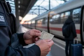 Συμβολική απεικόνιση ελέγχου ταυτότητας δίπλα σε τρένο στον σιδηροδρομικό σταθμό της Βασιλείας