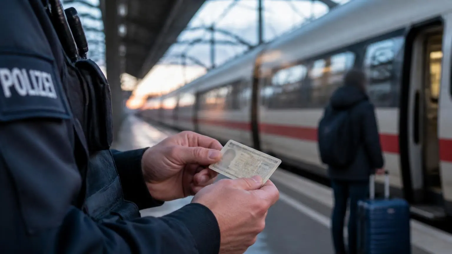 Συμβολική απεικόνιση ελέγχου ταυτότητας δίπλα σε τρένο στον σιδηροδρομικό σταθμό της Βασιλείας