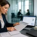 Εργαζόμενος σε χρηματοοικονομικό γραφείο ελέγχει συναλλαγές σε υπολογιστή δίπλα σε έγγραφα και χαρτονομίσματα ευρώ.