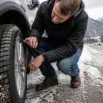 Οδηγός ελέγχει το πέλμα ελαστικού αυτοκινήτου σε χιονισμένο οδικό περιβάλλον στην Αυστρία.