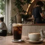 Συμβολική εικόνα ζεστού καφέ στη Βιέννη με ελληνικό freddo στο τραπέζι και διακριτικό μοτίβο σαλιγκαριού