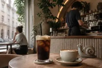 Συμβολική εικόνα ζεστού καφέ στη Βιέννη με ελληνικό freddo στο τραπέζι και διακριτικό μοτίβο σαλιγκαριού