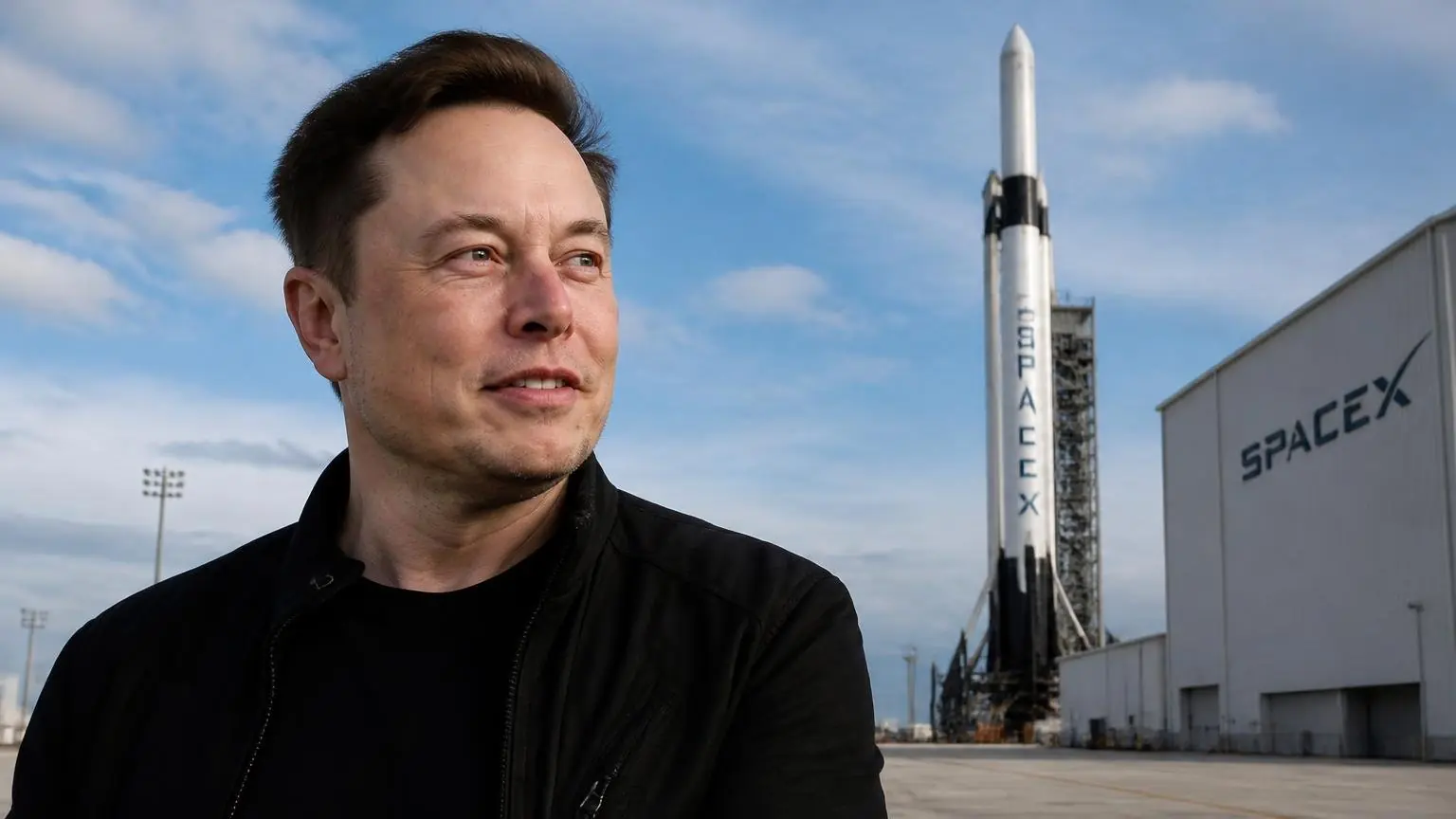 Ο Elon Musk μπροστά από εγκαταστάσεις διαστημικών εκτοξεύσεων με πύραυλο της SpaceX στο βάθος.
