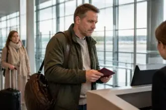 Ταξιδιώτης με έγγραφα στο αεροδρόμιο στην Ελβετία, συμβολική εικόνα για τις αλλαγές στους κανόνες πτήσεων και ταυτοποίησης