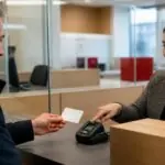 Συμβολική σκηνή έκδοσης ταυτότητας σε ελβετική δημόσια υπηρεσία με συσκευή δακτυλικών αποτυπωμάτων