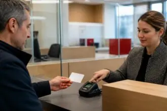 Συμβολική σκηνή έκδοσης ταυτότητας σε ελβετική δημόσια υπηρεσία με συσκευή δακτυλικών αποτυπωμάτων