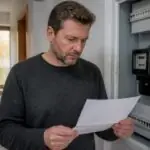 Ένοικος στη Γερμανία διαβάζει επιστολή προμηθευτή ενέργειας δίπλα σε ηλεκτρικό μετρητή.