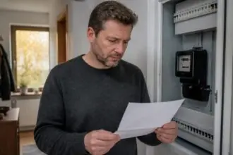 Ένοικος στη Γερμανία διαβάζει επιστολή προμηθευτή ενέργειας δίπλα σε ηλεκτρικό μετρητή.