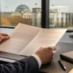 Συμβολική απεικόνιση διπλής επιστολής για τη συνταξιοδοτική πολιτική, την οποία εξετάζει υπάλληλος σε πολιτικό γραφείο.